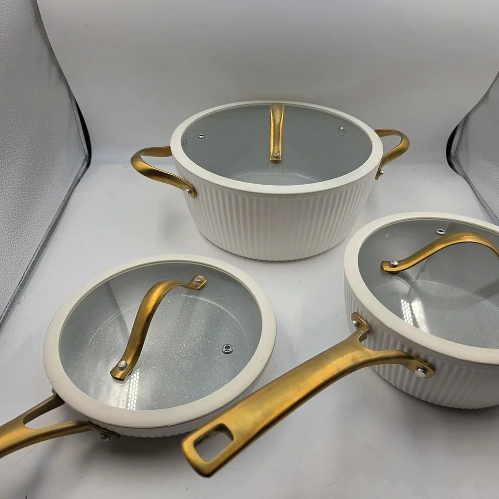 Thyme & Table 6 Piece Cookware Set Cream White Gold Handles Non-Stick Ribbed L3